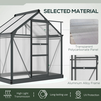 6ft x 4ft Aluminium Frame Greenhouse with Polycarbonate Panels and Sliding Door - Grey