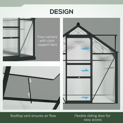 6ft x 4ft Aluminium Frame Greenhouse with Polycarbonate Panels and Sliding Door - Grey
