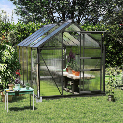 6x10ft Aluminium Frame Greenhouse with Polycarbonate Panels and Sliding Door - Grey