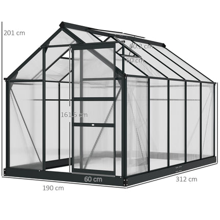6x10ft Aluminium Frame Greenhouse with Polycarbonate Panels and Sliding Door - Grey