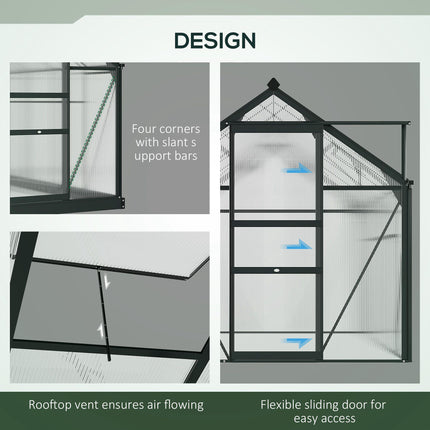 6x10ft Aluminium Frame Greenhouse with Polycarbonate Panels and Sliding Door - Grey