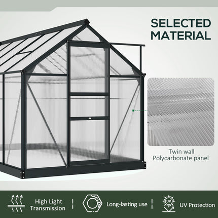 6x10ft Aluminium Frame Greenhouse with Polycarbonate Panels and Sliding Door - Grey