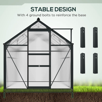 6x10ft Aluminium Frame Greenhouse with Polycarbonate Panels and Sliding Door - Grey