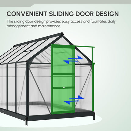 6x10ft Aluminium Frame Greenhouse with Polycarbonate Panels and Sliding Door - Grey