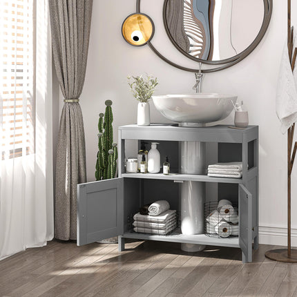 Modern Pedestal Under Sink Cabinet with Double Doors and U-Shaped Cut-Out - Light Grey