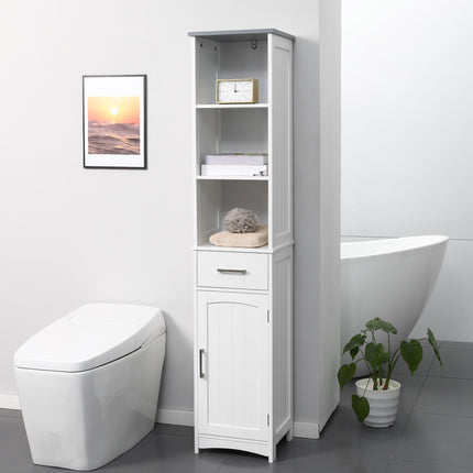 Tall Freestanding Bathroom Storage Cabinet with Three Shelves and Drawer - White