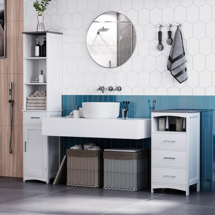 Tall Freestanding Bathroom Storage Cabinet with Three Shelves and Drawer - White