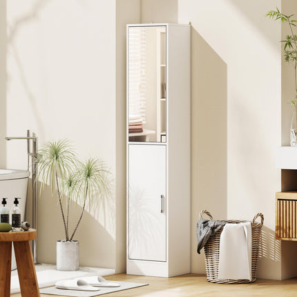 Tall Mirrored Bathroom Cabinet with Adjustable Shelves for Storage - White