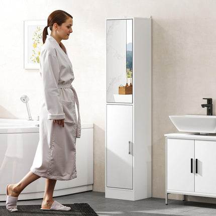 Tall Mirrored Bathroom Cabinet with Adjustable Shelves for Storage - White