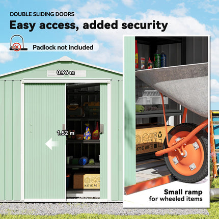 7ft x 4ft Lockable Metal Garden Storage Shed with Sloping Roof - Light Green