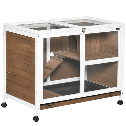 Wooden Rabbit Hutch with Pull-Out Tray, Openable Roof & Wheels 91.5x53.3x73 cm - Brown