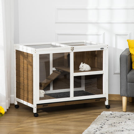 Wooden Rabbit Hutch with Pull-Out Tray, Openable Roof & Wheels 91.5x53.3x73 cm - Brown
