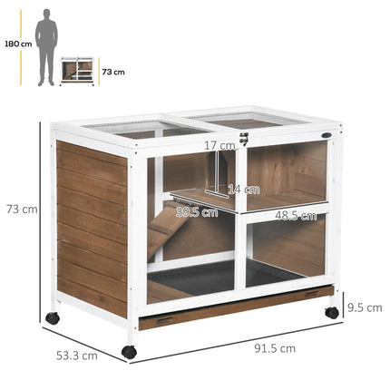 Wooden Rabbit Hutch with Pull-Out Tray, Openable Roof & Wheels 91.5x53.3x73 cm - Brown