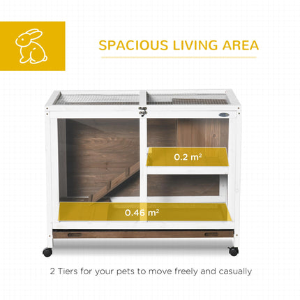 Wooden Rabbit Hutch with Pull-Out Tray, Openable Roof & Wheels 91.5x53.3x73 cm - Brown