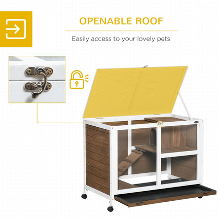 Wooden Rabbit Hutch with Pull-Out Tray, Openable Roof & Wheels 91.5x53.3x73 cm - Brown