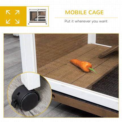 Wooden Rabbit Hutch with Pull-Out Tray, Openable Roof & Wheels 91.5x53.3x73 cm - Brown