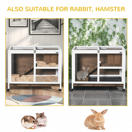 Wooden Rabbit Hutch with Pull-Out Tray, Openable Roof & Wheels 91.5x53.3x73 cm - Brown