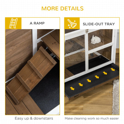 Wooden Rabbit Hutch with Pull-Out Tray, Openable Roof & Wheels 91.5x53.3x73 cm - Brown