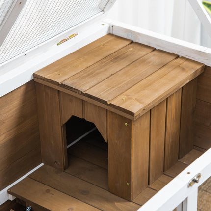 Wooden Rabbit Hutch with Pull-Out Tray, Openable Roof & Wheels 91.5x53.3x73 cm - Brown
