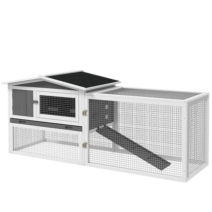 Rabbit Hutch and Run Outdoor Bunny Cage with Sliding Tray, Ramp & Hay Rack 156x58x68cm - Grey
