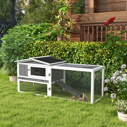 Rabbit Hutch and Run Outdoor Bunny Cage with Sliding Tray, Ramp & Hay Rack 156x58x68cm - Grey