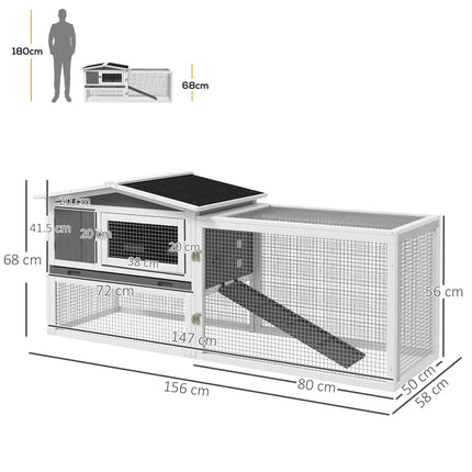 Rabbit Hutch and Run Outdoor Bunny Cage with Sliding Tray, Ramp & Hay Rack 156x58x68cm - Grey