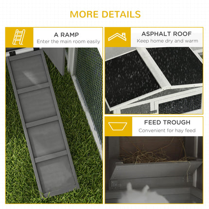 Rabbit Hutch and Run Outdoor Bunny Cage with Sliding Tray, Ramp & Hay Rack 156x58x68cm - Grey