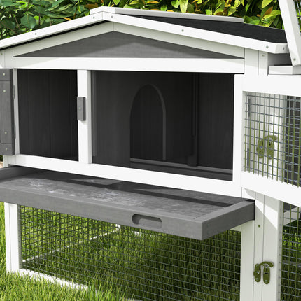 Rabbit Hutch and Run Outdoor Bunny Cage with Sliding Tray, Ramp & Hay Rack 156x58x68cm - Grey