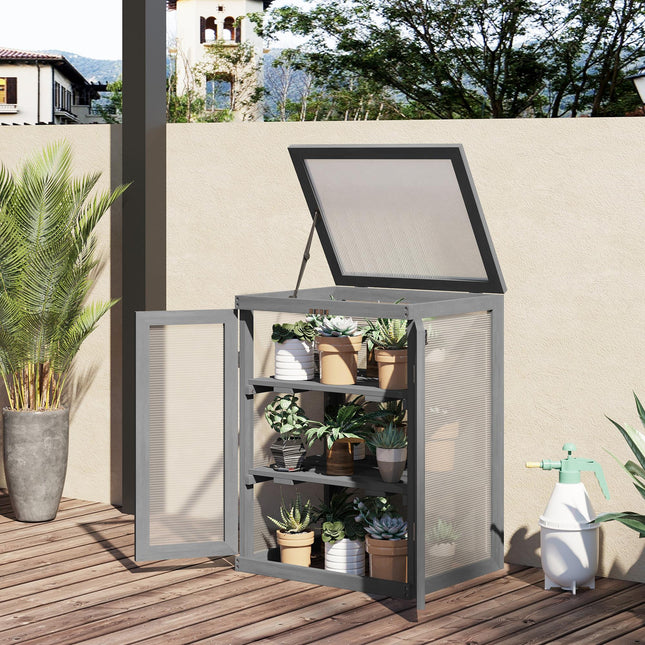 3 Tier Fir Wood Greenhouse with Polycarbonate Panels and Storage Shelf - Dark Grey