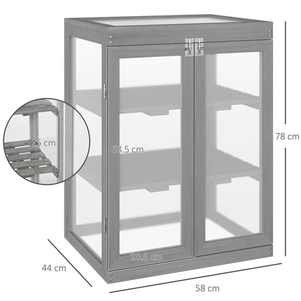 3 Tier Fir Wood Greenhouse with Polycarbonate Panels and Storage Shelf - Dark Grey