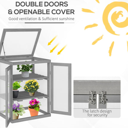 3 Tier Fir Wood Greenhouse with Polycarbonate Panels and Storage Shelf - Dark Grey