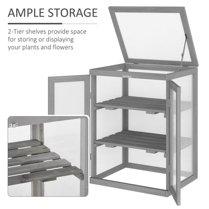 3 Tier Fir Wood Greenhouse with Polycarbonate Panels and Storage Shelf - Dark Grey