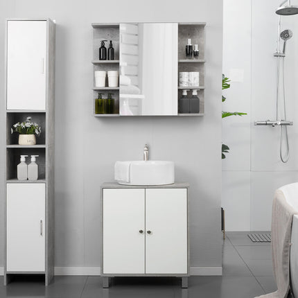 Under Sink Storage Cabinet with Adjustable Shelves and U-Shaped Cut-Out - White and Grey