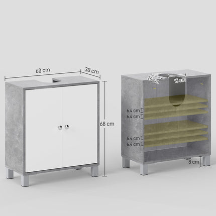 Under Sink Storage Cabinet with Adjustable Shelves and U-Shaped Cut-Out - White and Grey