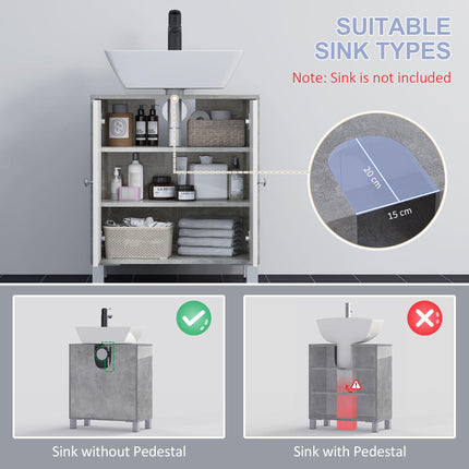 Under Sink Storage Cabinet with Adjustable Shelves and U-Shaped Cut-Out - White and Grey