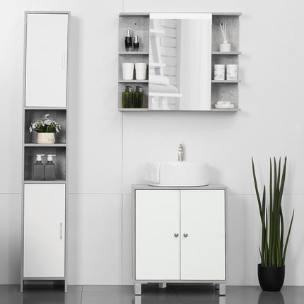 Under Sink Storage Cabinet with Adjustable Shelves and U-Shaped Cut-Out - White and Grey