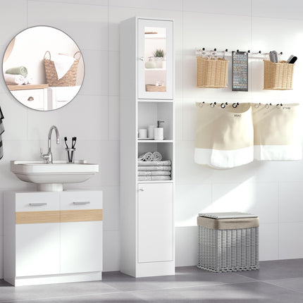 Tall Bathroom Storage Cabinet with Mirror & Adjustable Shelves - White