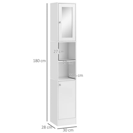 Tall Bathroom Storage Cabinet with Mirror & Adjustable Shelves - White