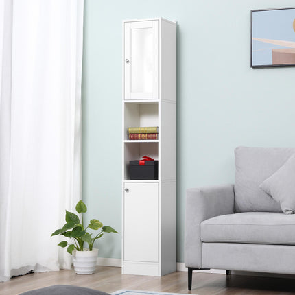 Tall Bathroom Storage Cabinet with Mirror & Adjustable Shelves - White