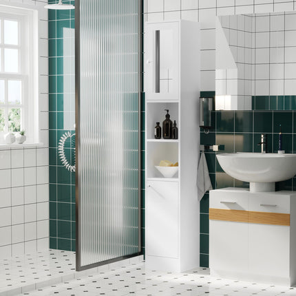 Tall Bathroom Storage Cabinet with Mirror & Adjustable Shelves - White