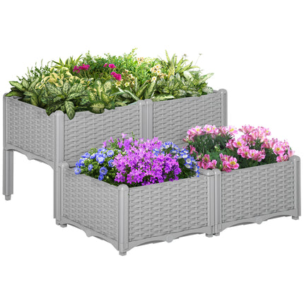 Set of 4 Raised Garden Beds with Self-Watering Planters Two-Tier Design - Grey