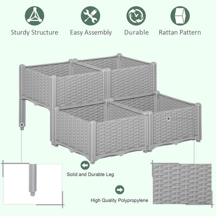 Set of 4 Raised Garden Beds with Self-Watering Planters Two-Tier Design - Grey