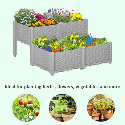 Set of 4 Raised Garden Beds with Self-Watering Planters Two-Tier Design - Grey