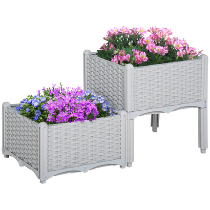 Set of 2 Self-Watering Raised Garden Planters with Rattan Effect - Grey
