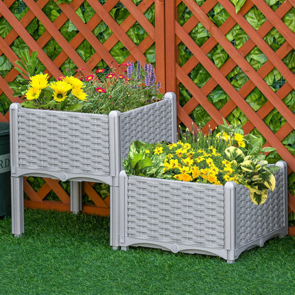 Set of 2 Self-Watering Raised Garden Planters with Rattan Effect - Grey