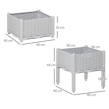 Set of 2 Self-Watering Raised Garden Planters with Rattan Effect - Grey