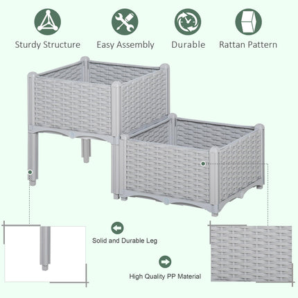 Set of 2 Self-Watering Raised Garden Planters with Rattan Effect - Grey