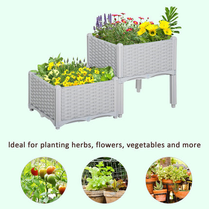 Set of 2 Self-Watering Raised Garden Planters with Rattan Effect - Grey