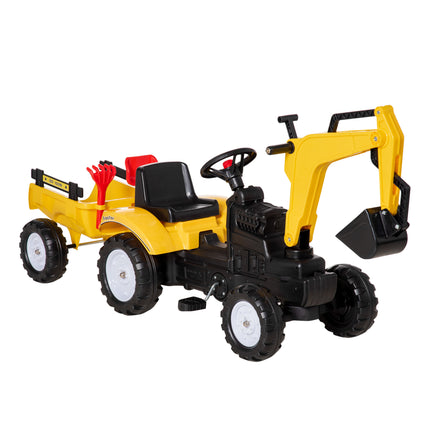 Ride-On Pedal Digger Construction Car with Horn & Detachable Trailer - Yellow