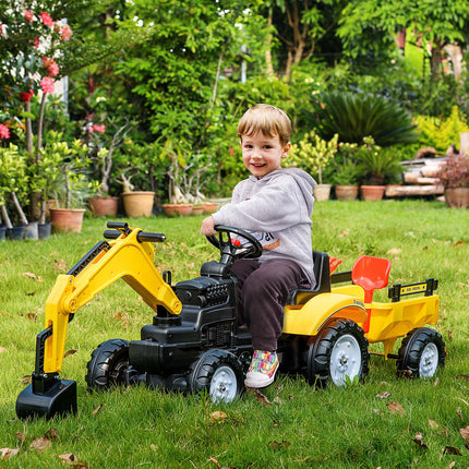 Ride-On Pedal Digger Construction Car with Horn & Detachable Trailer - Yellow